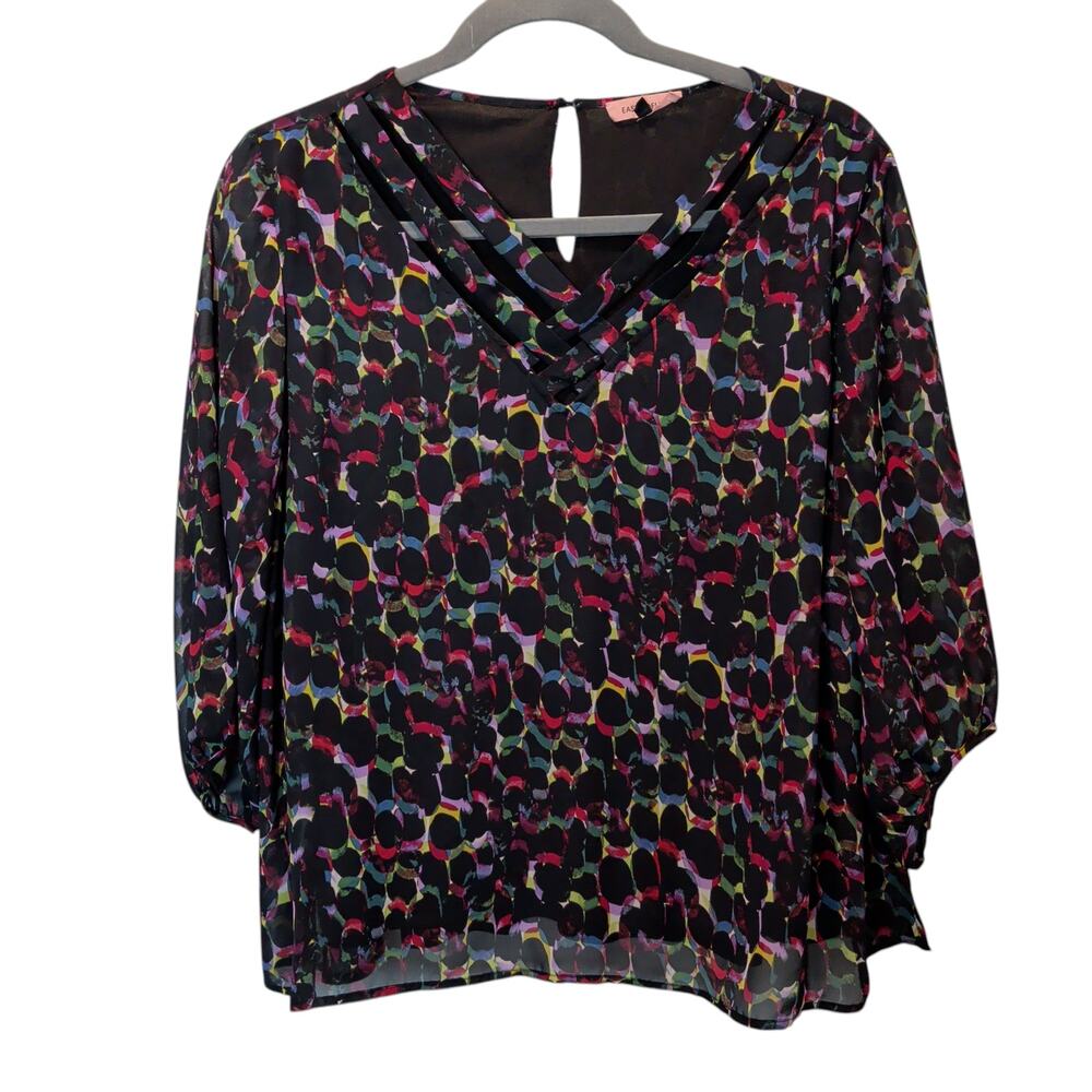 East Adeline Women's Plus Sz 3X Black Colorful Flowy Blouse Cut Outs 3/4 Sleeve